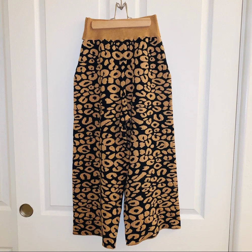 NWT THML Leopard Knit Wide Leg Tie Cropped Pants - Picture 9 of 14
